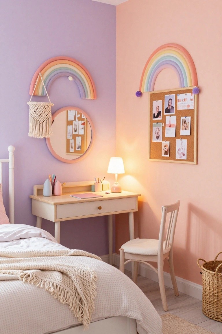 A bedroom with purple and peach walls featuring two large foam rainbow arches, a white desk with lamp and supplies, a bed with white textured bedding, a round mirror, macrame hanger, corkboard with photos, and wicker basket on wood floor.
