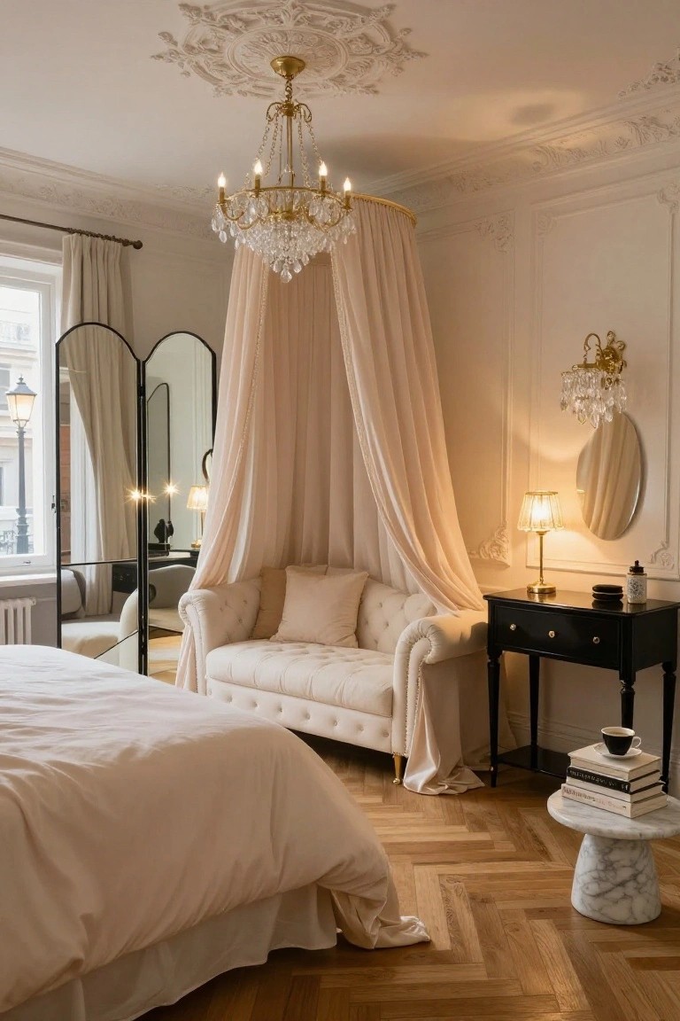 White bed with peach fabric canopy draped from a gold hoop, cream tufted loveseat, black side table, tri-fold mirror, chandelier, and parquet wood floors in a white-walled bedroom.