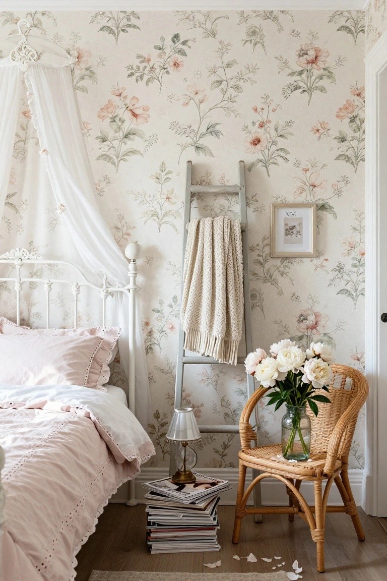 A girly bedroom with beige floral wallpaper, white metal canopy bed dressed in pink linens, wooden ladder holding a cream throw, rattan armchair with white peonies in a glass jar, lamp, and magazine stacks on the floor.