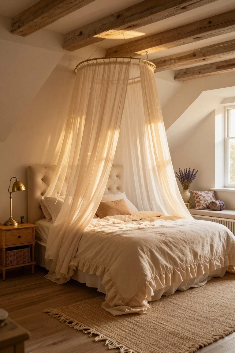 Bedroom featuring a king-size bed with beige linens under a sheer beige canopy suspended from a gold hoop on wooden ceiling beams, with a tufted white headboard, gold lamp on wooden nightstand, lavender bouquet, and window in white-walled attic room.