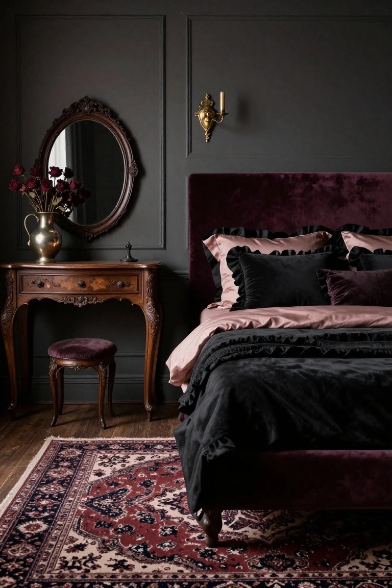 Bedroom with charcoal gray paneled walls, purple velvet upholstered bed frame, ruffled black and pink bedding, antique wooden vanity with oval mirror holding red roses in silver pitcher, gold wall sconce, purple stool, and red Persian rug on wood floor.