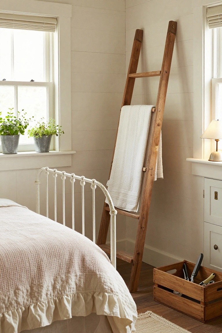 Bedroom corner with a tall wooden ladder leaning against white shiplap wall and draped with a white towel, next to a white iron bed with ruffled quilt, potted plants on windowsills, and wooden crate holding utensils on floor