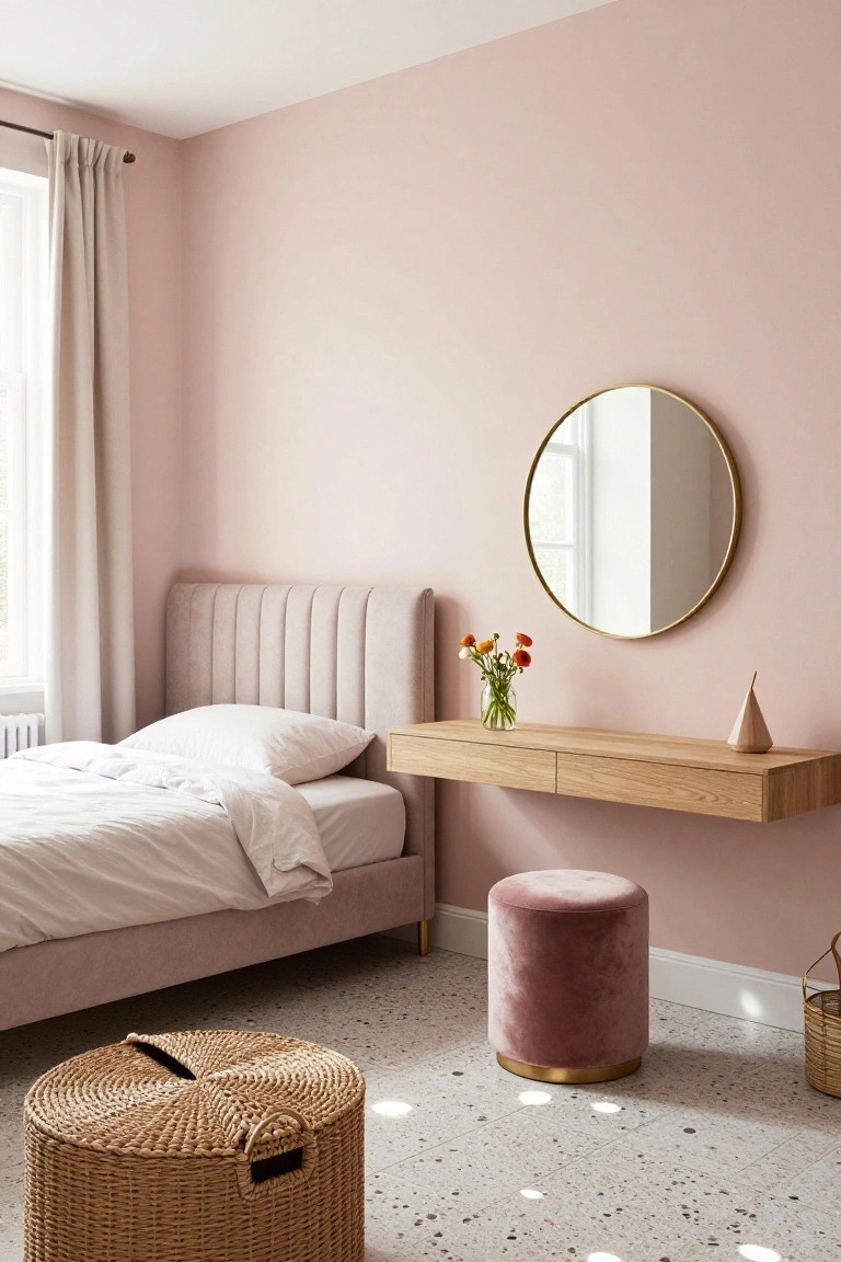 Bedroom interior with pale pink walls, beige tufted upholstered bed with white bedding, floating oak vanity drawer unit and gold round mirror, pink velvet stool with gold base, wicker baskets, and terrazzo floor.