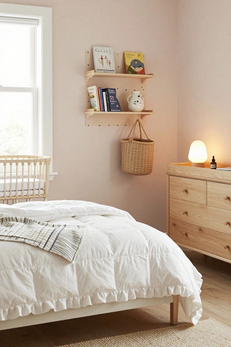 Blush pink nursery corner with rattan crib, white ruffled duvet on bed, oak changing dresser with lamp, wall shelves holding books and pottery, and hanging wicker basket.