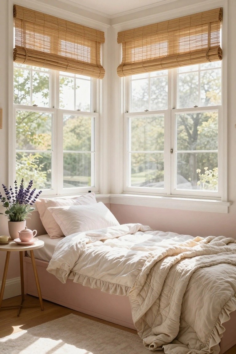 Bedroom corner with pale pink lower walls, two large white-framed windows with bamboo shades, daybed covered in white ruffled quilt, wooden nightstand with lavender bouquet, teacup, and saucer.