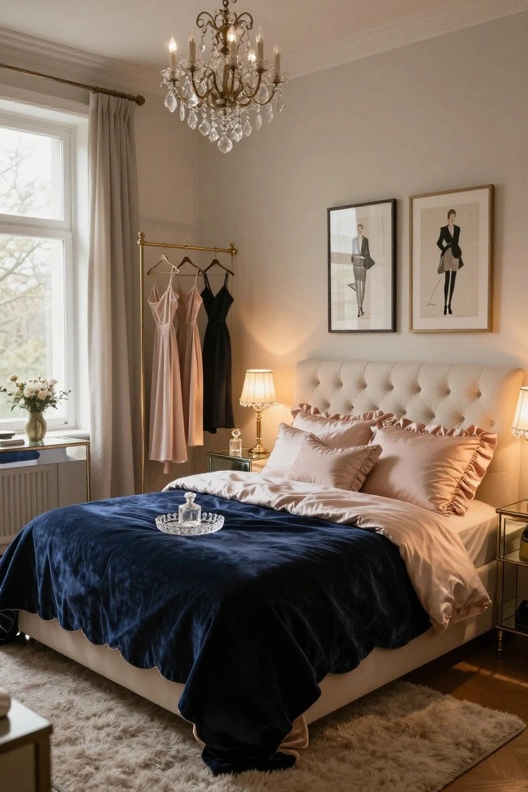 A bedroom with a tufted cream upholstered bed covered in pink satin sheets and pillows with ruffles, topped by a navy velvet throw, dresses hanging on a gold rack nearby, fashion illustration posters on the wall, and a chandelier overhead.
