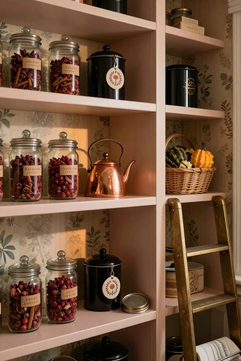 Pink open shelving unit stocked with glass jars of dried rose hips, berries, and cinnamon sticks, black metal tins, a copper kettle, small pumpkins in a woven basket, and a gold ladder in a wallpapered room.
