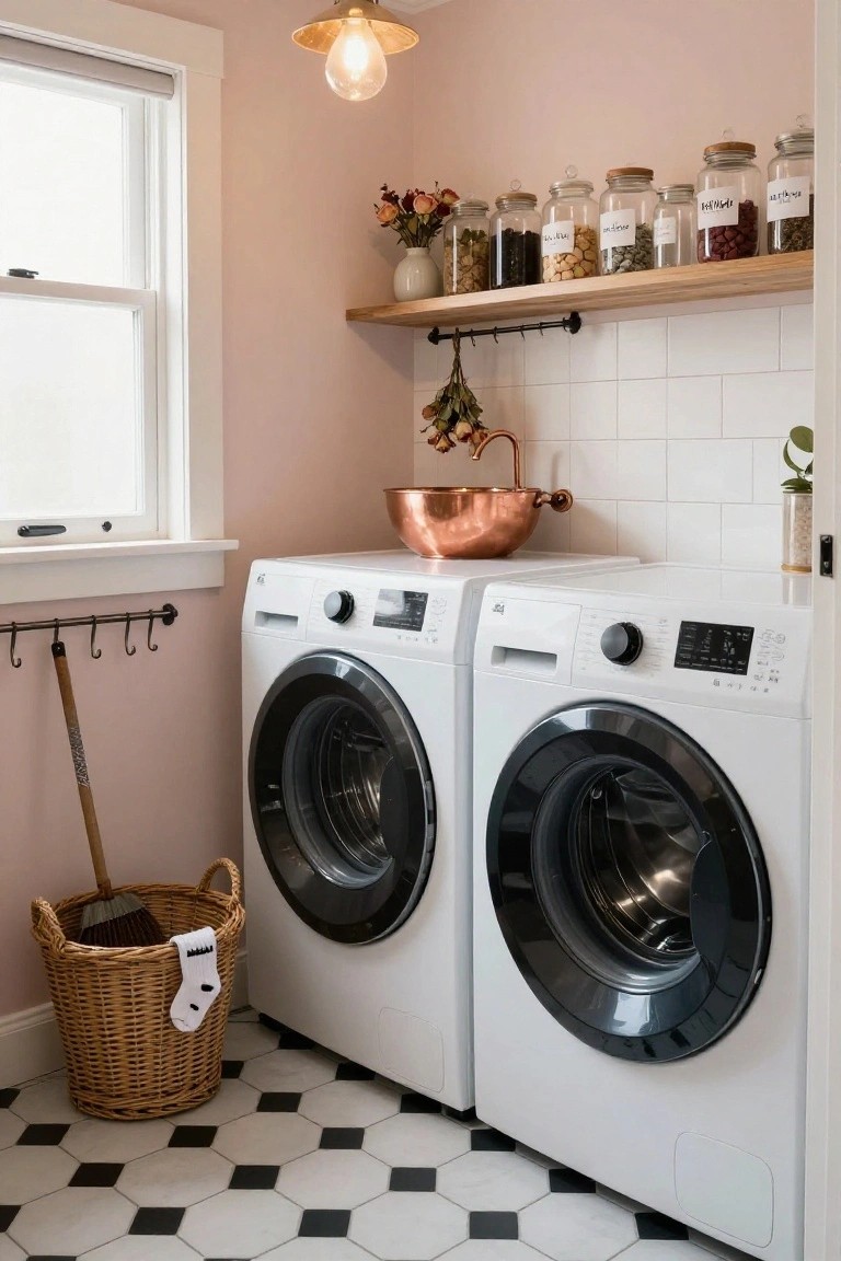Blush pink laundry room interior with black and white checkered tile floor, two white front-loading GE washers, wooden floating shelves holding labeled glass jars of beans, seeds, and herbs, hanging dried herbs and copper pot on white subway tile wall, broom in wicker basket, and brass hanging light fixture.