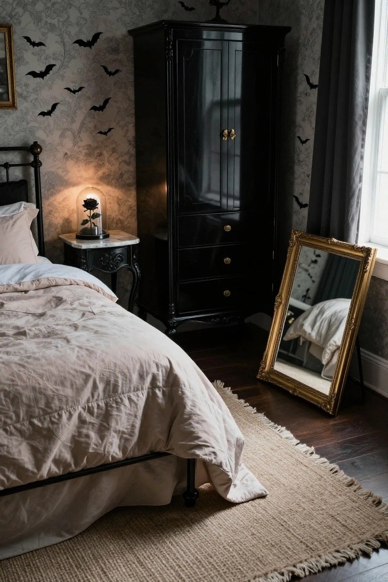 Bedroom with gray wallpaper patterned with black bats, tall black armoire, iron bed with beige linens and pillows, marble nightstand holding glass-domed black rose lamp, and freestanding gold mirror.
