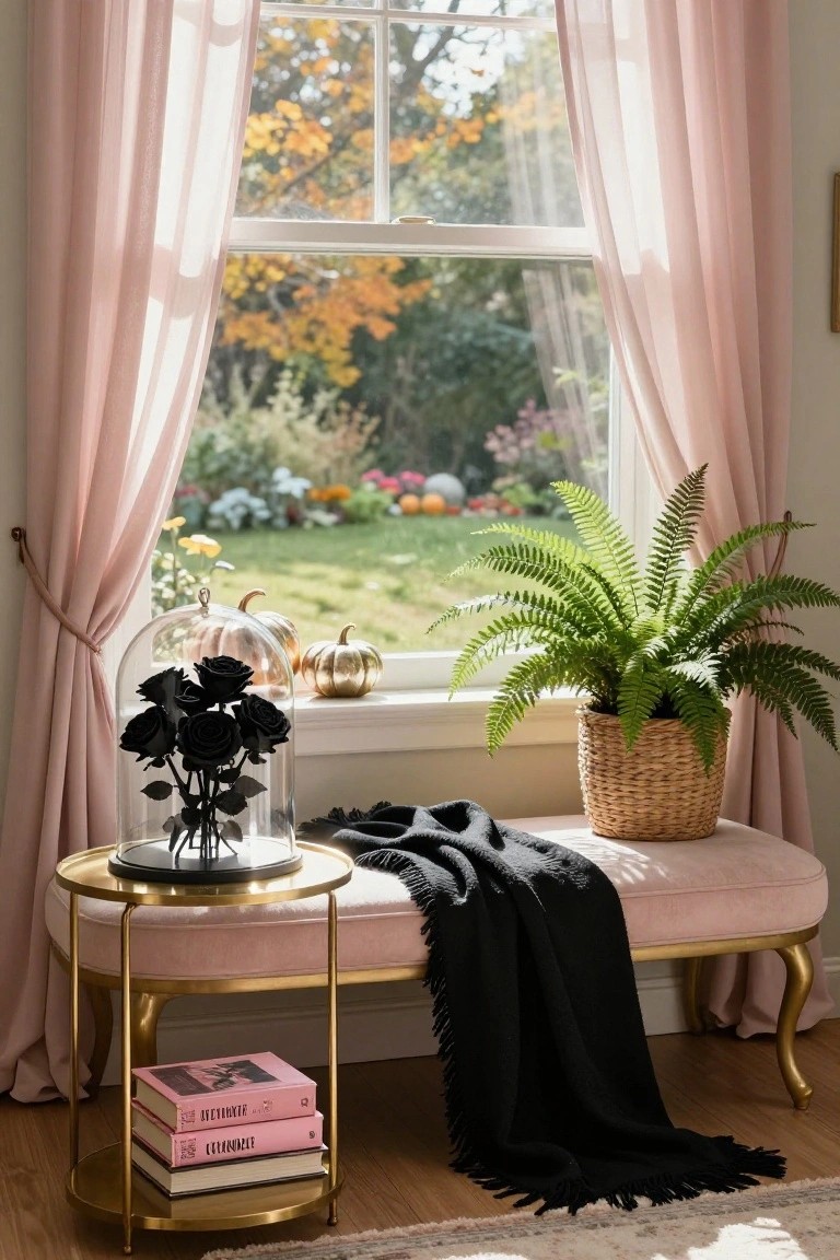 Pink-upholstered bench on gold legs with black throw beside gold table holding stacked pink books and glass dome of black roses, green fern in basket, small pumpkins on windowsill with pink curtains and autumn garden view.