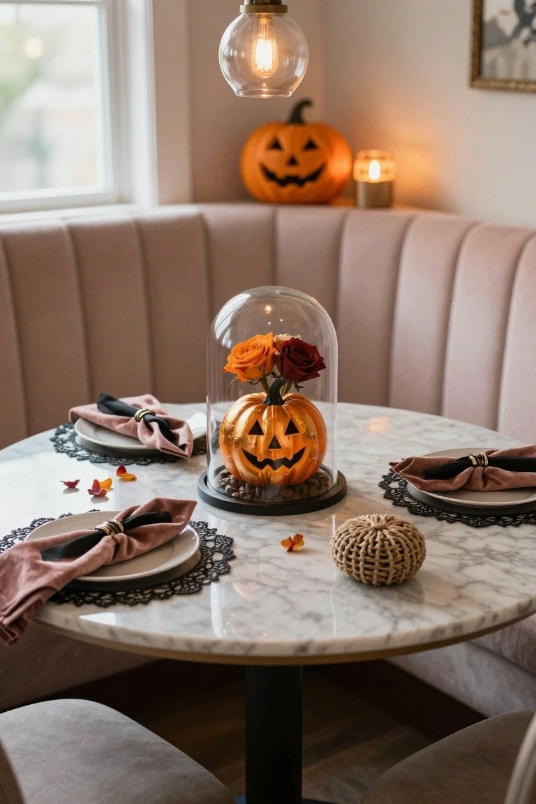 Curved blush pink tufted banquette seating around a round white marble table set for Halloween with black and pink napkins on plates, a glass-domed jack-o-lantern pumpkin with preserved roses centerpiece, nearby pumpkins and candles.