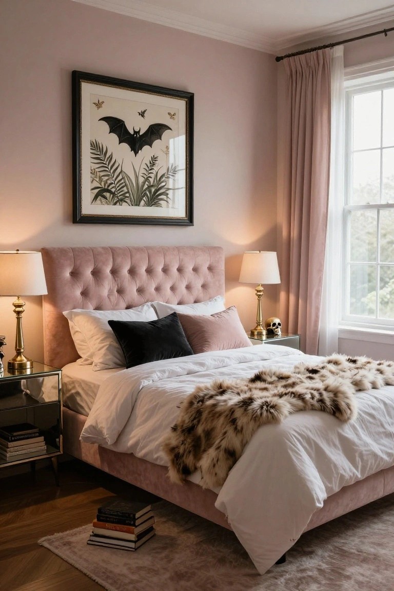 Bedroom interior with tufted blush pink velvet headboard, white bedding draped with light brown faux fur throw, mirrored nightstands with brass lamps and gold skull, large framed black bat artwork above bed, and pink curtains at window.