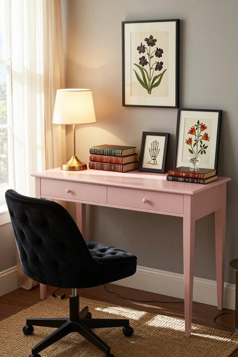 A light pink wooden desk with two drawers holds stacked vintage books, a brass table lamp, and a glass vase, next to framed prints of dark flowers and a black-and-white skeleton hand, with a black velvet swivel chair in front, sheer curtains on a window, and gray walls in a room.