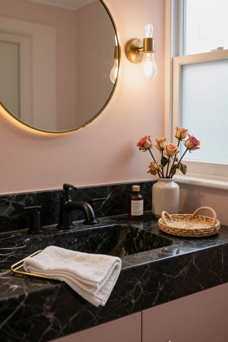 Blush pink bathroom vanity area featuring black marble countertop with matte black faucet, round gold mirror, gold wall sconce, dried peach roses in white vase, brown glass bottle, wicker tray, and folded white towel in gold holder next to a window.