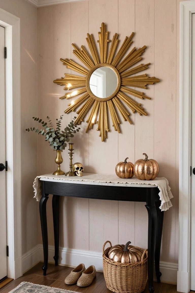Pink shiplap walled corner with gold sunburst mirror above black console table holding brass vase of eucalyptus, candlesticks, gold skull, and copper pumpkins on white cloth, copper pumpkin basket and woven shoes on wood floor.