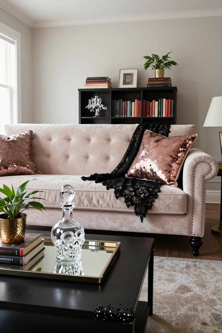 Blush pink velvet tufted sofa with rose gold sequin pillows and black lace throw in a light gray living room, black coffee table with crystal skull decanter on gold-framed mirrored tray and books, gold plant pots, black bookshelf with books and chandelier, lamp, and window.