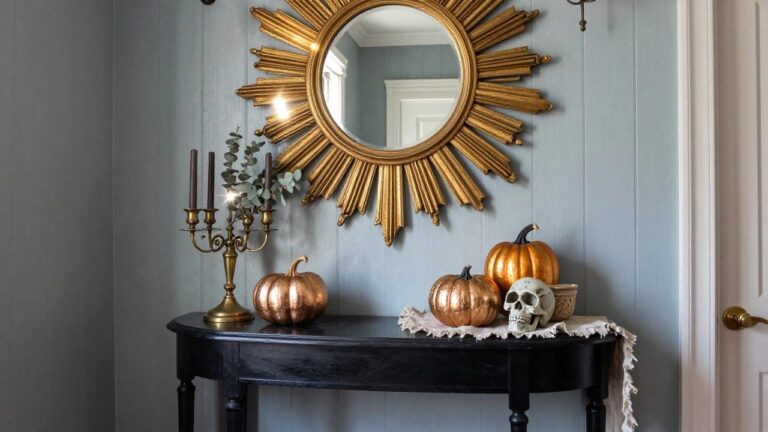 Pink shiplap walled corner with gold sunburst mirror above black console table holding brass vase of eucalyptus, candlesticks, gold skull, and copper pumpkins on white cloth, copper pumpkin basket and woven shoes on wood floor.