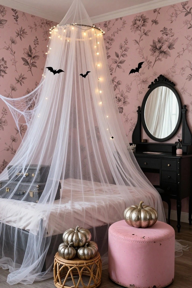 Pink floral wallpapered bedroom featuring a bed with white sheer canopy draped from a fairy light hoop, black bat cutouts, spiderwebs, metallic pumpkins on stools, black vanity table, and vintage suitcases.