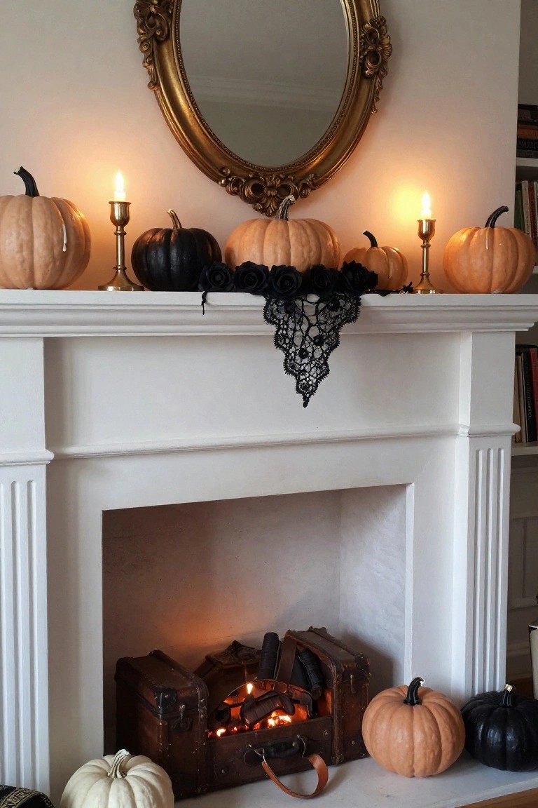 White fireplace mantel decorated with orange, white, and black pumpkins, gold candelabras with lit candles, black lace draped over the edge, large ornate gold mirror above, and lit wooden chest in the hearth.