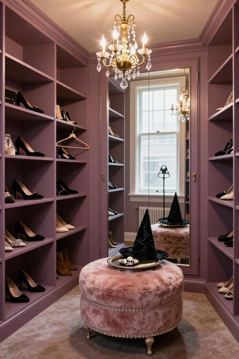 Purple walk-in closet with built-in shelves displaying rows of women's high-heeled shoes and boots, a central pink fur ottoman holding black witch hats and a skull tray, gold chandelier lighting, and a large wardrobe mirror.