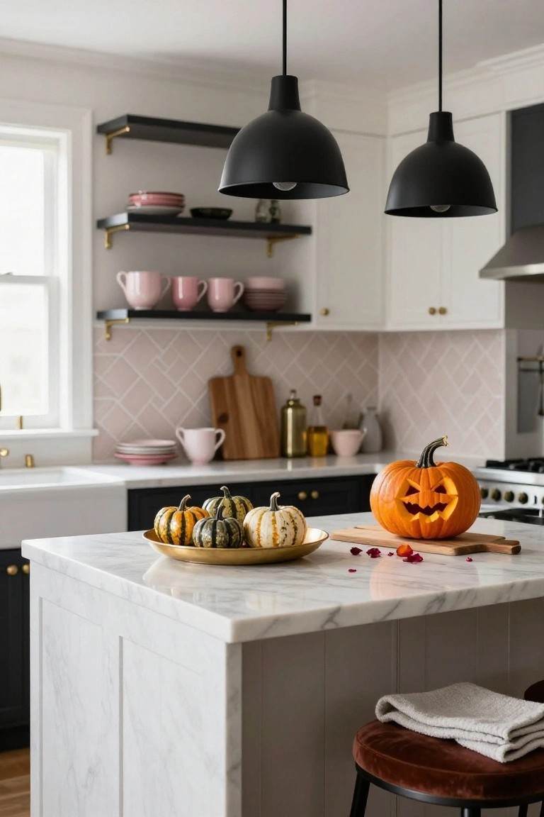 Modern kitchen island with a carved jack-o'-lantern on a wooden board next to a gold bowl of small pumpkins, pink dishes on black shelves above, black pendant lights, marble counters, and white cabinets.
