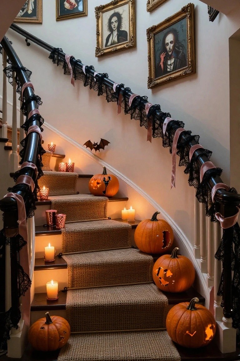 Curved wooden staircase in a grand hallway decorated for Halloween with black lace and pink ribbon garlands draped over the banisters, multiple carved jack-o-lanterns placed on the carpeted steps, glass candle holders with lit candles along landings, and gothic-style portraits hanging on white walls.