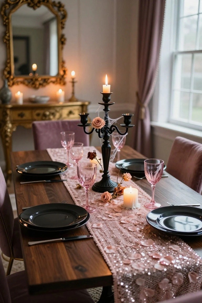 Dining table set with black plates, pink wine glasses, a central black spiderweb candelabra holding lit candles and roses, pink sequin runner with petals, flanked by purple velvet chairs in a room with gold sideboard and mirror.