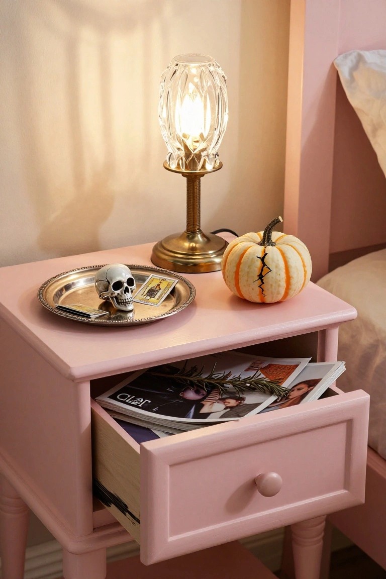 Pink wooden nightstand next to a bed, with brass-based faceted glass lamp, small white striped pumpkin, silver tray holding plastic skull and tarot card, and open drawer with fashion magazines.
