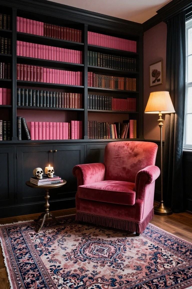 Corner room interior with tall black bookshelves filled with pink and dark books, red velvet armchair, small round table holding books skulls and candle, brass floor lamp, and patterned rug on wood floor.