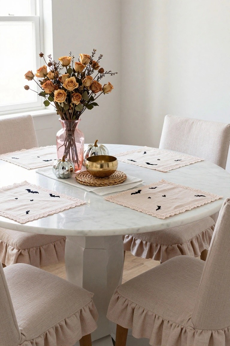 Beige ruffled chair skirts around a white marble pedestal dining table set with bat-embroidered beige placemats, pink glass vase of dried orange roses, small metallic pumpkins, and a gold bowl on a woven mat in a light room.