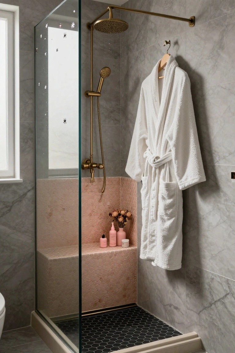 Glass shower enclosure in a bathroom with pink mosaic tiled bench and accents, brass rain showerhead and handset, white terrycloth robe on wooden hanger, small pink bottles and dried flower bouquet on bench, frosted star decals on glass panels, black hexagon floor tiles, and gray marble walls.