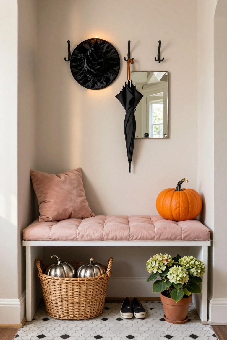 Cozy entryway nook with white bench topped by pink cushion and orange pumpkin, basket of two silver pumpkins below bench, pink throw pillow, black umbrella and witch hat on wall hooks, small round mirror, potted hydrangea plant, pair of black shoes, and black-and-white checkered tile floor.