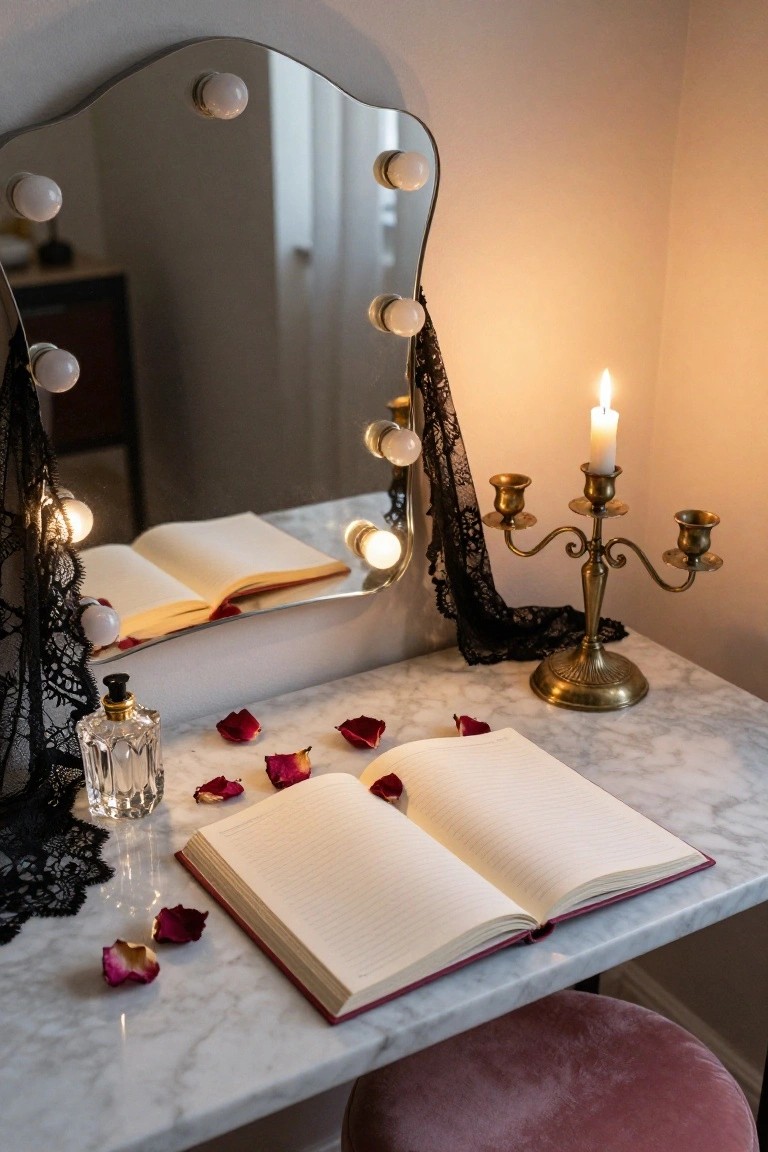 Marble-topped vanity table with oval mirror edged in white bulbs and draped in black lace, brass candelabra with lit candle, glass perfume bottle, open lined journal, scattered red rose petals, and pink velvet stool.