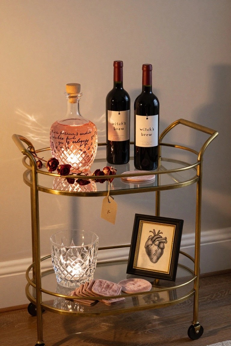 Gold metal bar cart on wheels holding two red wine bottles labeled Witch's Brew, a pink faceted glass bottle with cork stopper, crystal tumbler, pink coasters, and a black-framed print of an anatomical heart, with dried roses draped on the side against a beige wall.
