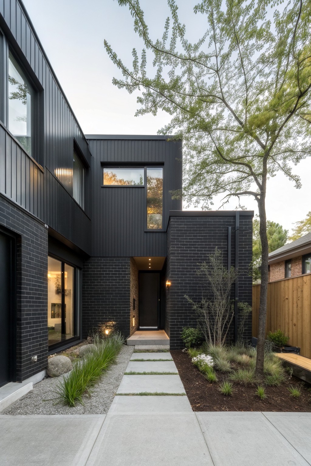 Modern house exterior with black brick walls on the lower level, black vertical metal cladding on upper sections, large windows, black front door, entry lights, gravel pathway, grasses, rocks, and trees in the front yard.