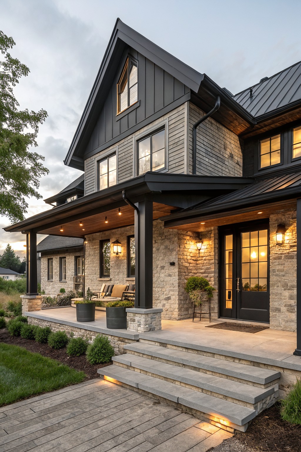 Front exterior view of a two-story house with black metal gable roof, dark gray shake siding upper level, light beige stone brick base, covered porch supported by black columns, double glass doors, stone steps, potted plants, and landscape lighting at evening.
