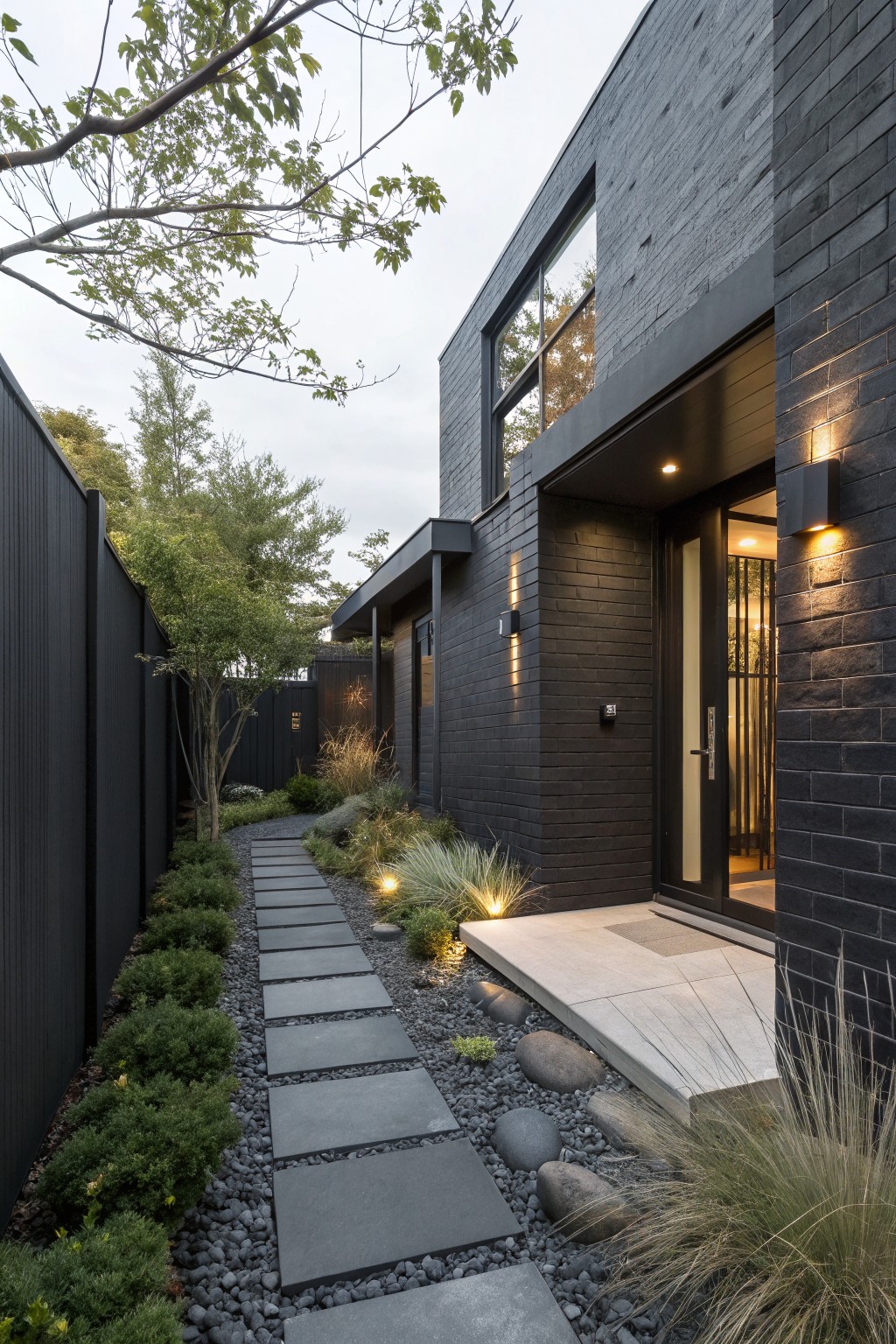 Modern black brick house exterior with a linear stepping stone pathway leading to a glass entry door, surrounded by black wood fencing, grasses, rocks, and uplights.
