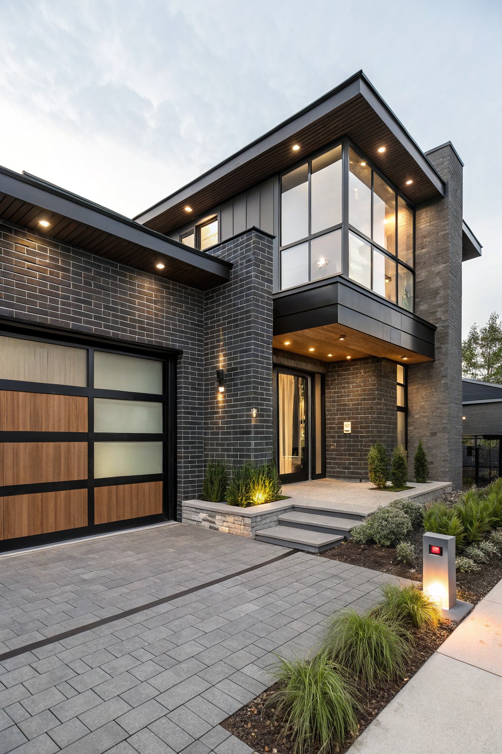 Two-story modern house exterior with dark brick walls, wood and glass garage door, large corner glass windows, black metal accents, front entry steps, paver driveway, and low landscaping.