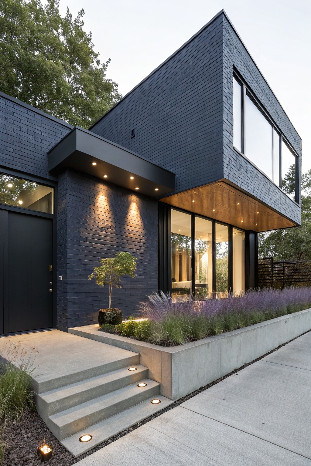 Modern two-story house exterior with dark brick walls, black front door, large glass windows and doors, wooden cantilevered overhang above the entry, concrete steps with recessed lights leading to the door, purple ornamental grasses in a raised concrete bed, and a driveway.
