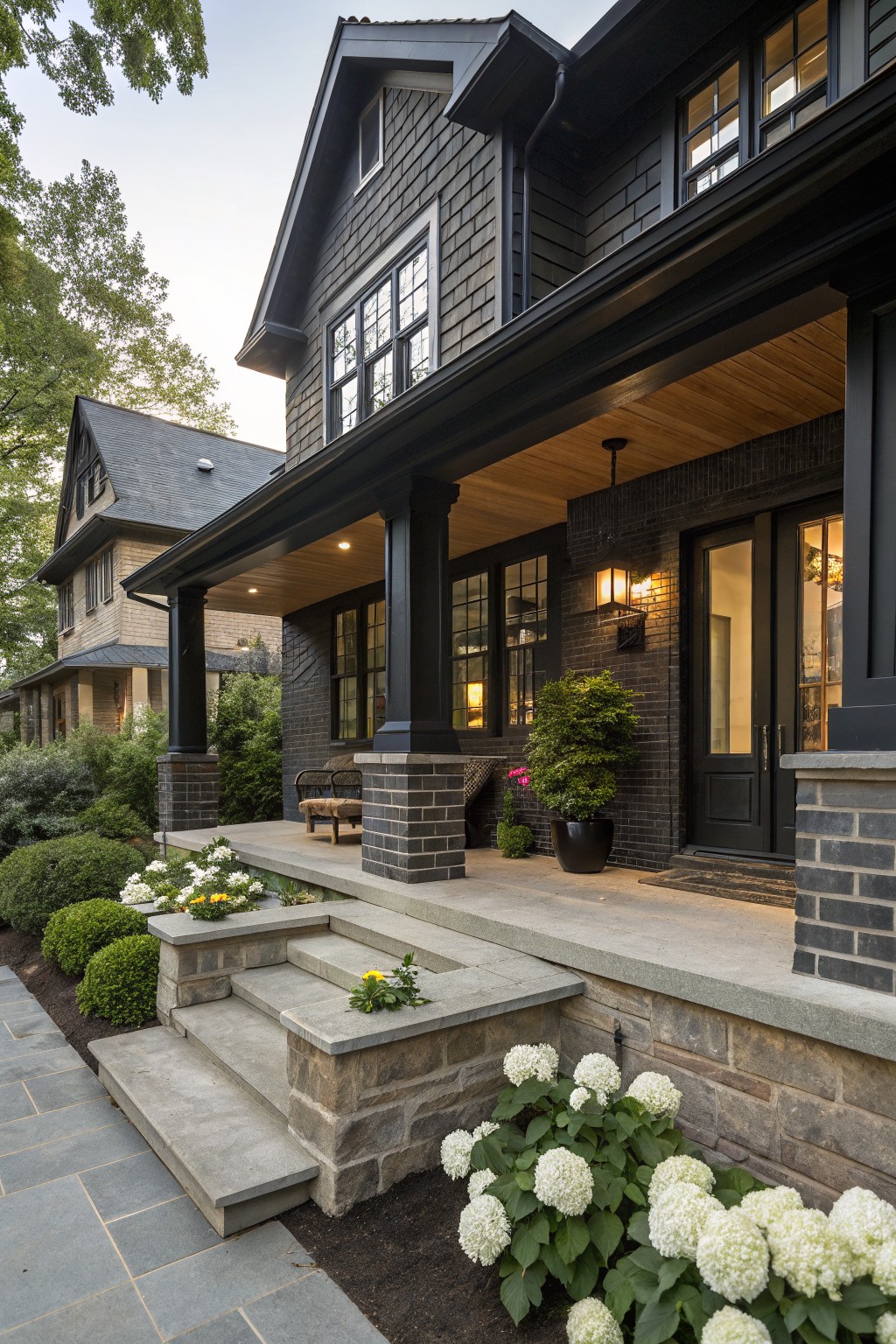 Two-story house exterior with dark gray painted brick walls, black-framed windows, covered porch with wood ceiling and columns, black double front doors, stone steps, and white hydrangea plantings beside a bluestone walkway.