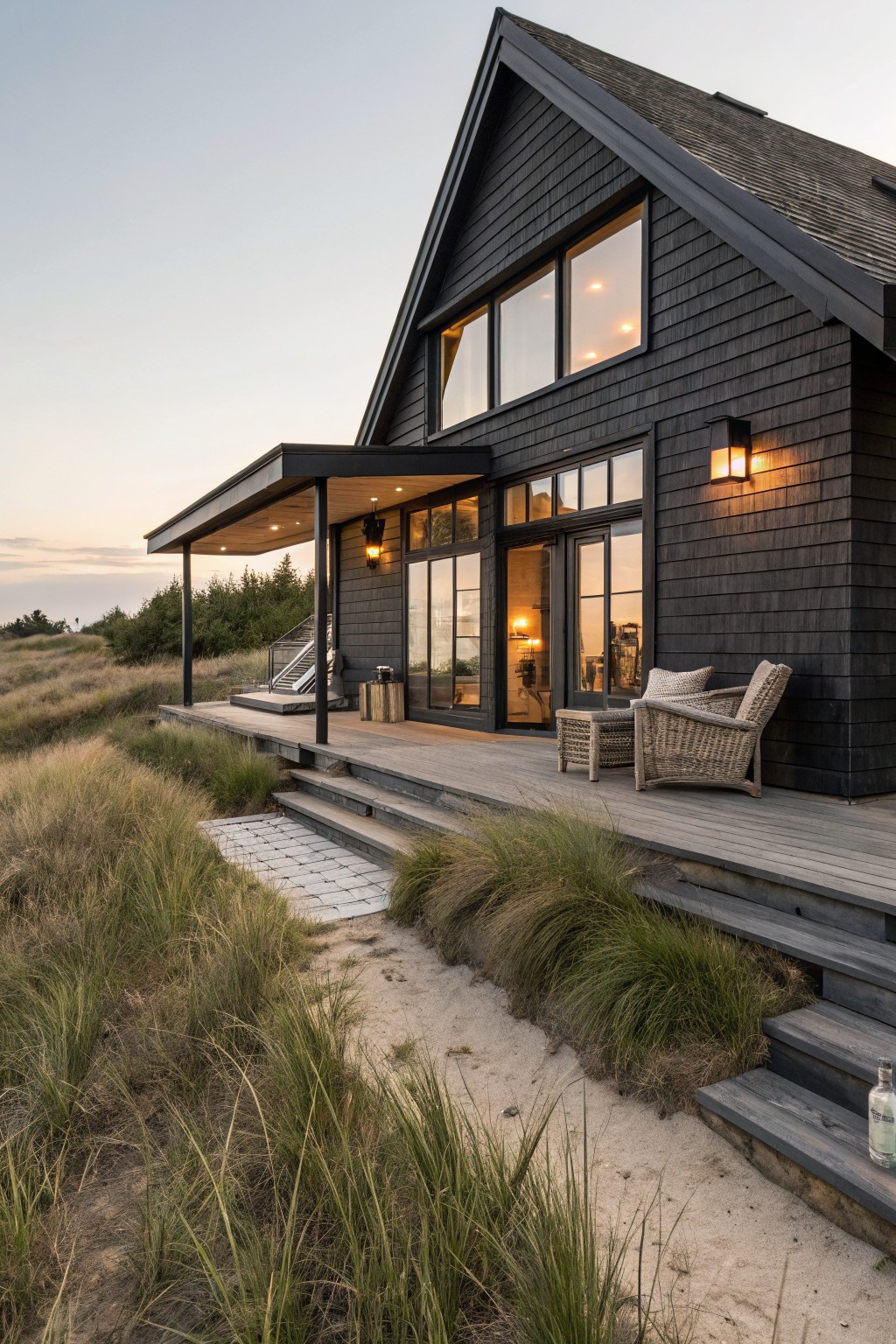 Black shingled modern house with gabled roof, large glass windows and doors, covered wooden deck with chairs, steps leading to sandy dunes with beach grass at dusk.