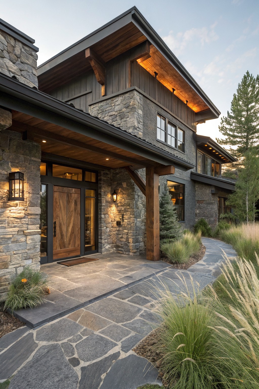 Two-story house exterior with dark gray stone walls, horizontal charred wood siding, timber-framed covered entry porch with double vertical-grain wood doors, stone slab pathway, ornamental grasses, and pine trees at dusk.