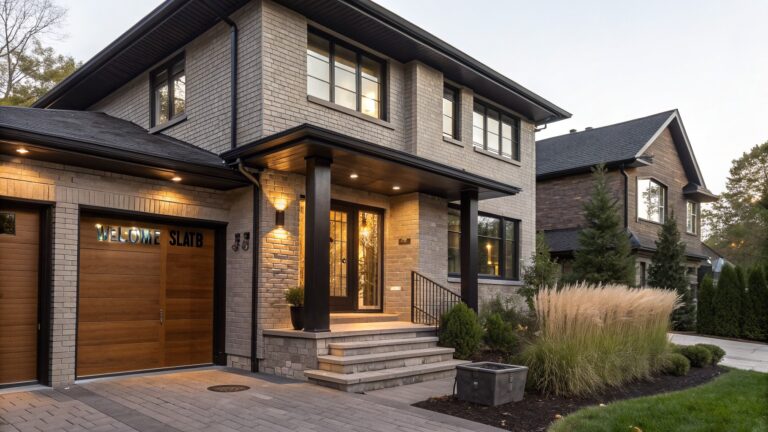 Two-story brick house exterior with black metal roof, dark wood garage door, concrete steps to wooden front door with sidelights, lantern lights, ornamental grasses, and shrubs in front yard at dusk.