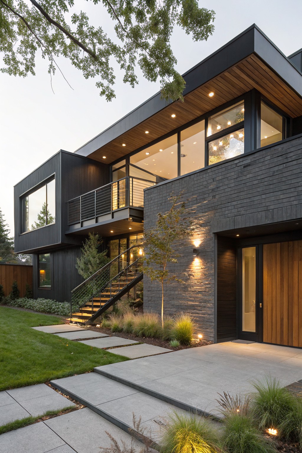 Two-story modern house exterior at dusk with dark brick lower walls, black metal cladding on upper cantilevered section, large glass windows, wooden entry door, metal stairs, and low grasses in the front yard.