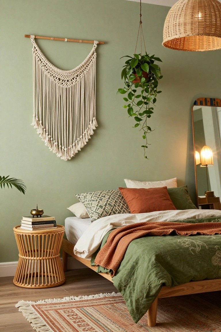 Bedroom with sage green walls, large white macrame wall hanging on a wooden dowel, rattan nightstand and pendant light, wooden platform bed with green duvet orange throw and assorted pillows, potted plants, table lamp, mirror, and woven rug on wood floor.