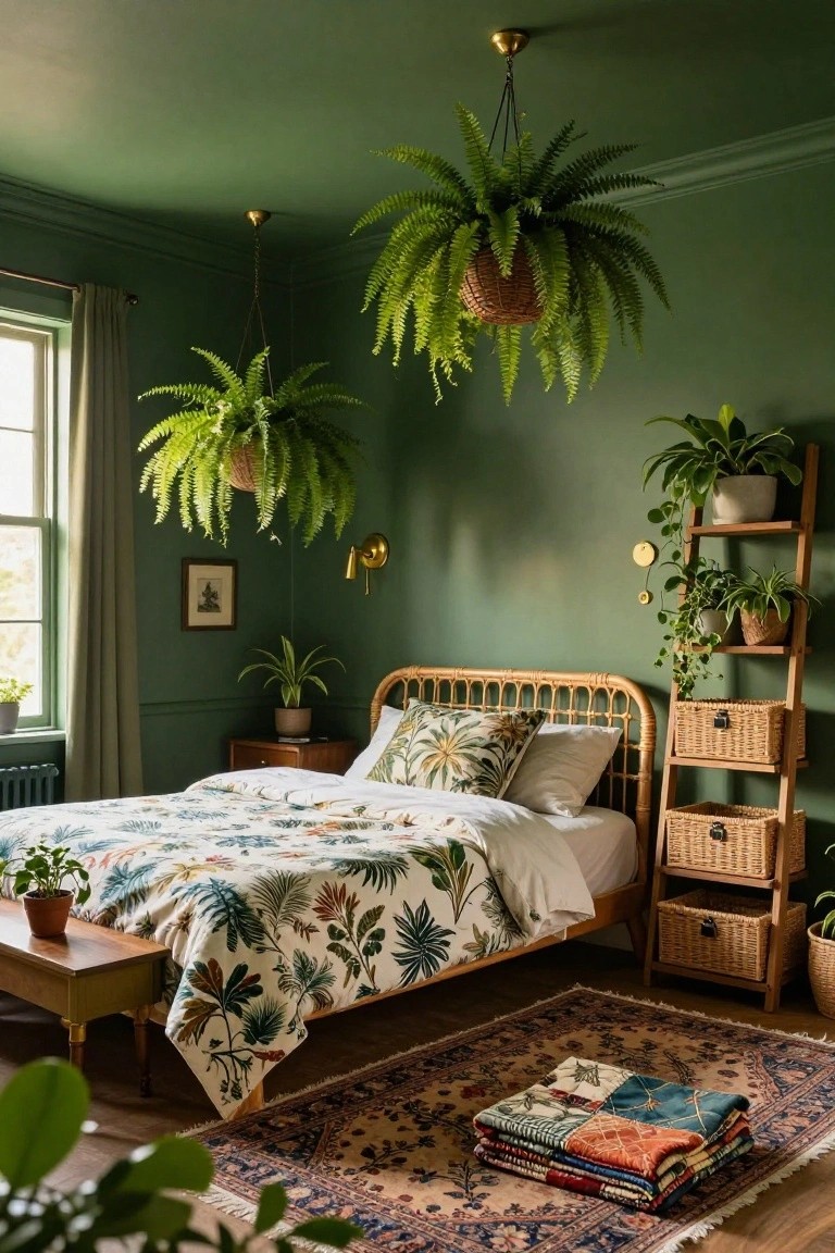 Bedroom interior with deep green walls, multiple hanging ferns in baskets, potted plants on shelves and tables, rattan bed with botanical bedding, wooden furniture, and layered rugs on hardwood floor.