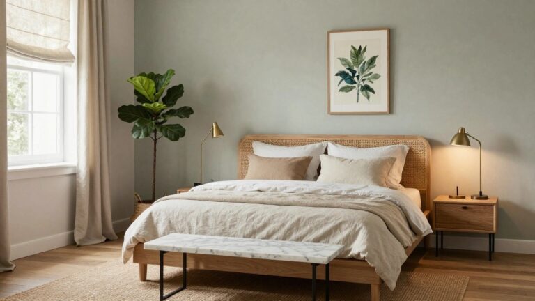 Corner of a bedroom with pale sage green walls, rattan headboard bed draped in white linens and a blush pillow, large fiddle leaf fig plant in seagrass basket next to window with beige linen curtains, gold wall lamp on bamboo nightstand, seagrass rug on light wood floor.