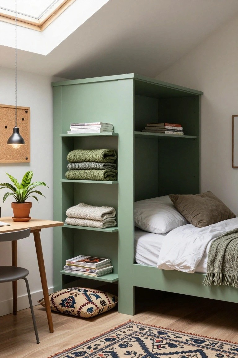 Mint green built-in shelving unit in a bedroom corner with bed at bottom, shelves holding books and folded blankets, small wooden desk with chair, potted plant, corkboard, pendant light, skylight, and patterned rug on wood floor.