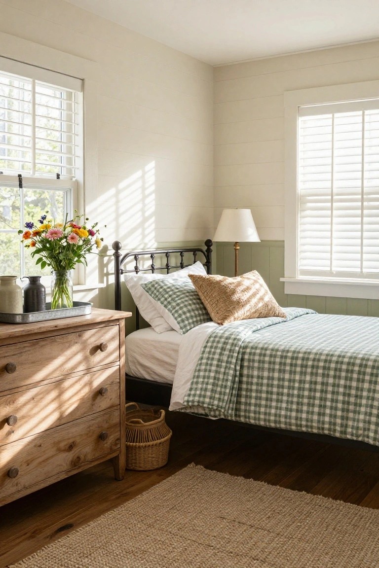Sunlit corner of a bedroom with black iron bed made up in green checkered quilt and pillows, wooden dresser holding metal tray with vase of colorful flowers, sage green lower walls, white upper walls, blinds on windows, seagrass basket, and jute rug on hardwood floor.