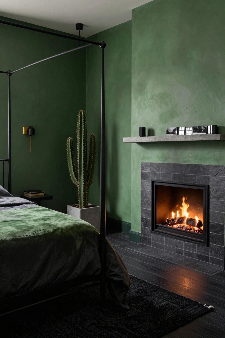 A bedroom interior with deep green textured walls, black metal four-poster bed with green velvet bedding, black-tiled fireplace with burning logs, tall potted cactus, wall sconce, and dark wood floor.